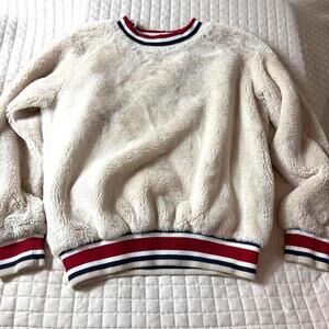 Something Somewhere Sherpa Fleece Sweatshirt Cream Stripe Trim Cozy Size M